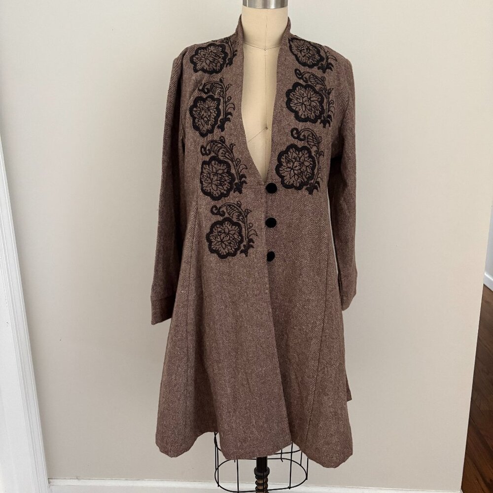 Lisa Corti Milano Women's Brown Wool-Blend Coat A-Line Floral Applique Boho L